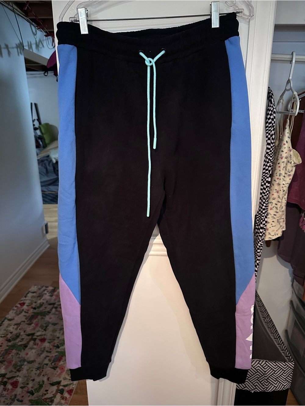 Men's Black Colorblock Joggers with Blue and Lavender Panels